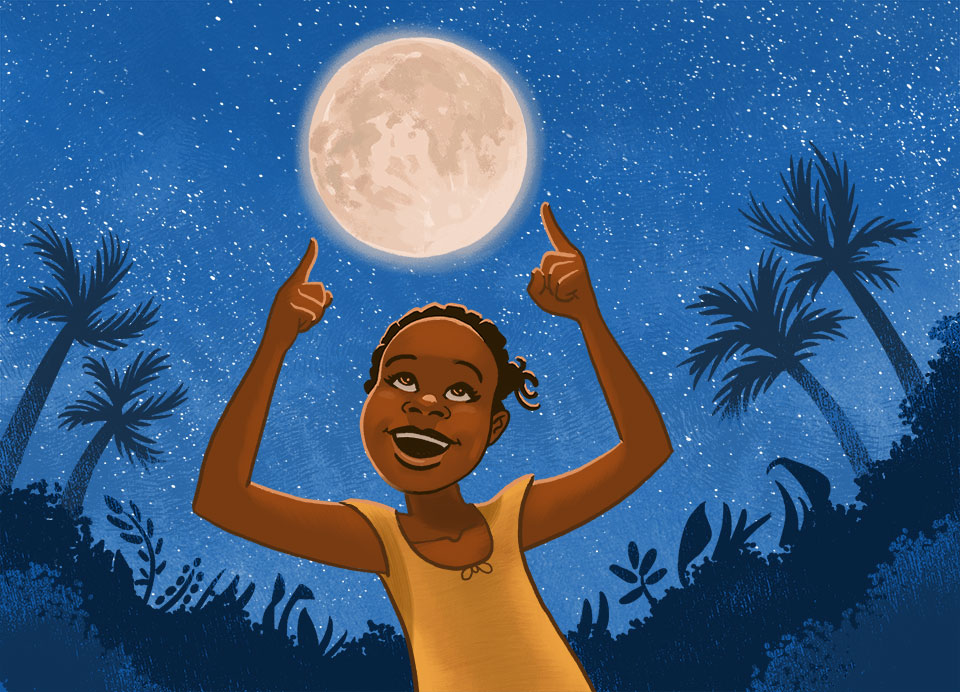  Asatu had to think. “I’m the moon!” she said. She pointed to the moon in the sky. “The moon goes around Earth,” she said. “Earth goes around the sun.” 