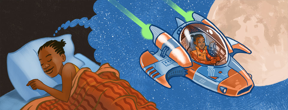  Asatu fell asleep. She dreamed she was in a rocket. She was flying to the moon. 